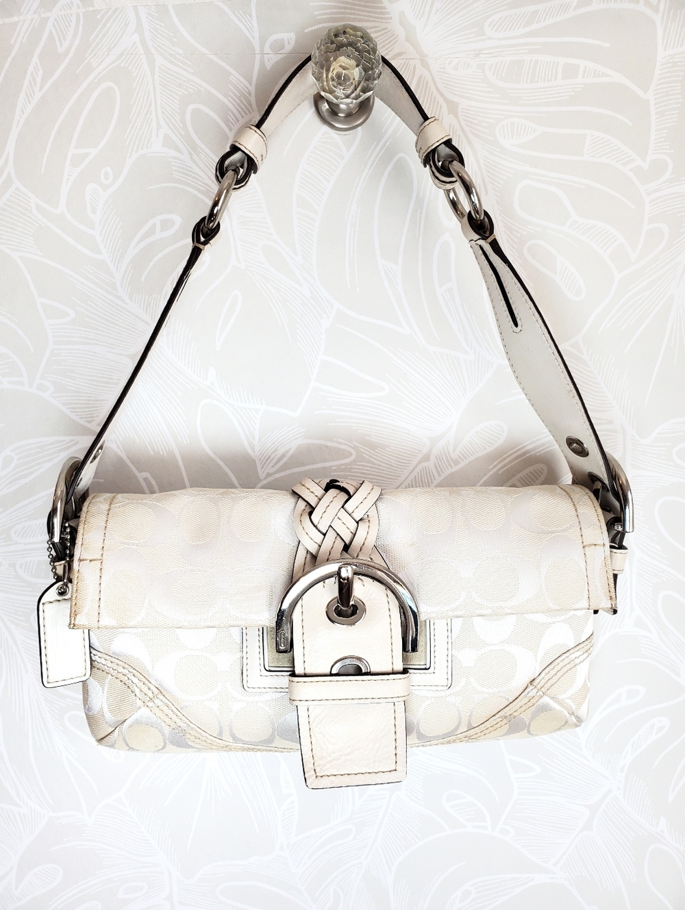 Vintage COACH Y2k White Jacquard Signature Soho Braided Shoulder Handbag #6280
